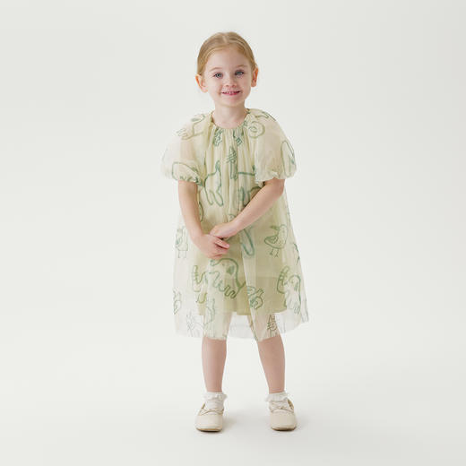 【马克珍妮 芦芙】夏装新款 女童涂鸦泡泡袖网纱连衣裙230306 商品图1