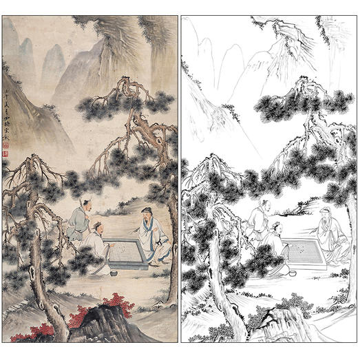 陈少梅山水人物工笔画白描底稿《对弈图》临摹勾线高清打印稿SM23 商品图0