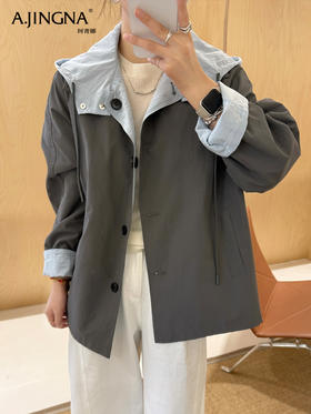 【随性洒脱】阿菁娜宽松休闲拼色miu系连帽风衣外套F30C205005