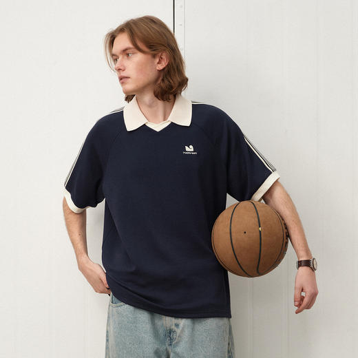 714street复古运动织带翻领插肩短袖T恤男夏季肌理感情侣V领上衣 商品图0