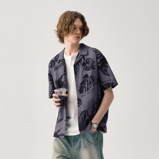 714street树叶满印微皱美式复古短袖衬衫男夏季新款情侣沙滩衬衣 商品图2