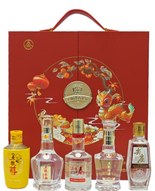 五福迎春礼盒 （内含五粮春 100mLx1瓶；尖庄 100mLx1瓶；五粮醇 100mLx1瓶；五粮特曲 100mLx1瓶；五粮头曲 100mLx1瓶）*1套 商品图2