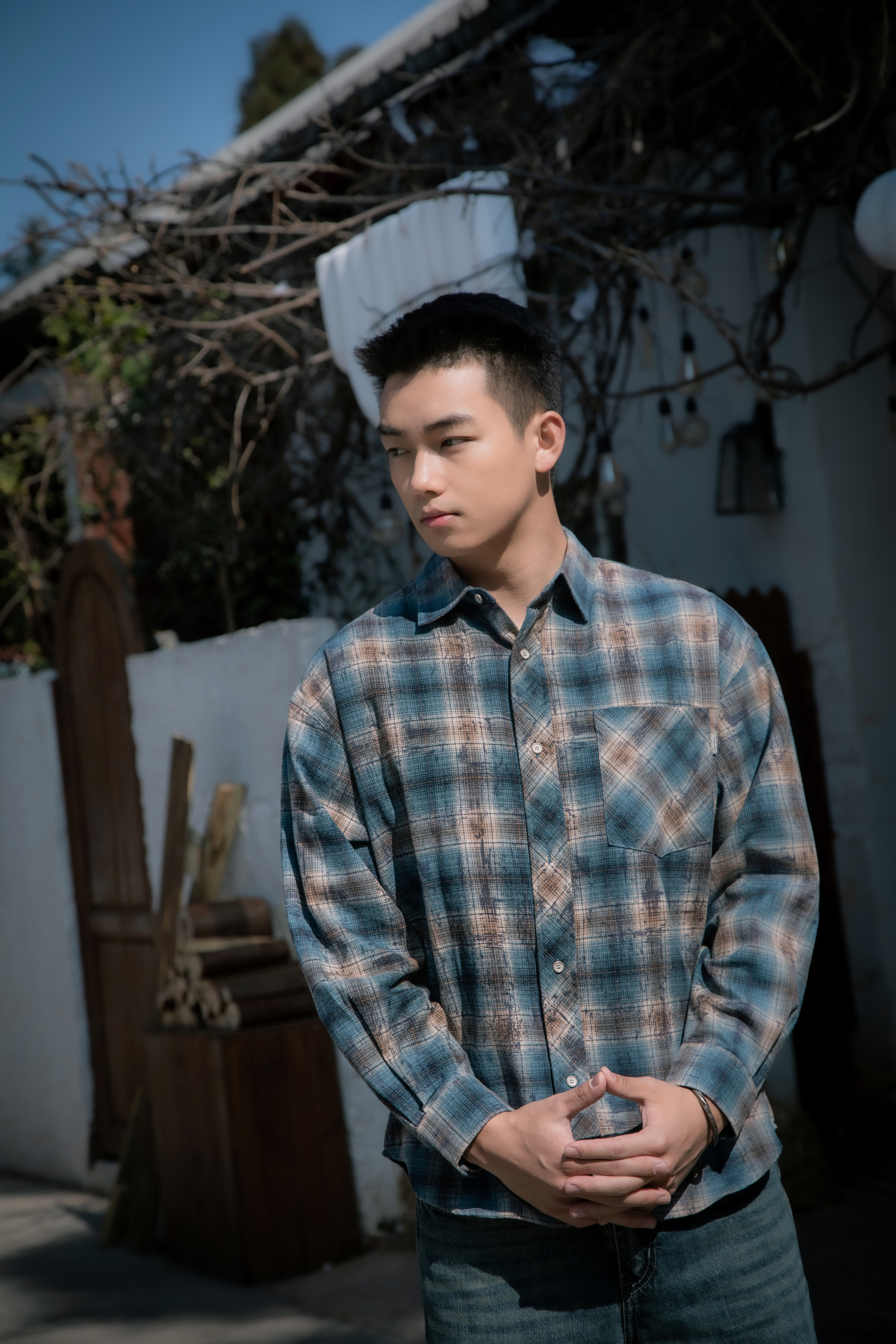 514021193复古格纹长袖衬衫