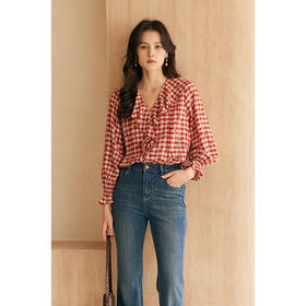 HeyDress法式格子衬衫女春季宽松印花设计感衬衣高级气质红色上衣