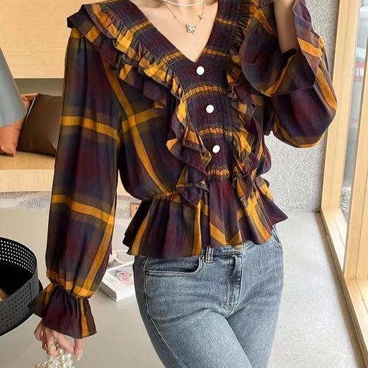 顺丰包邮洛诗琳40836法式文艺彩色格子荷叶边纯棉上衣10063 商品图1