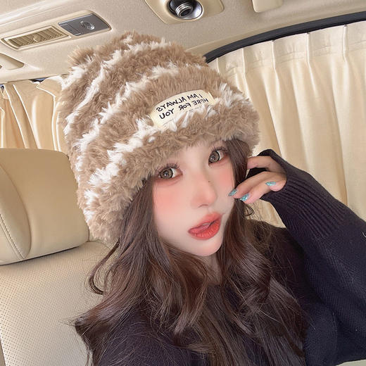 帽女帽子帽子条纹加厚针织冬季护耳防保暖针织毛绒风帽防寒毛线帽 商品图2