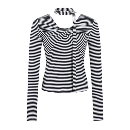 HeyDress飘带条纹T恤女春季复古V领内搭打底衫正反两穿长袖上衣 商品图4