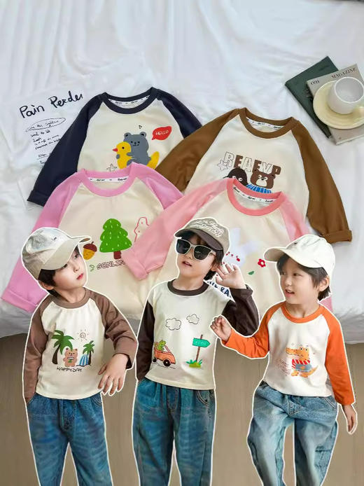 春季新款【儿童拼接t恤】男童上衣长袖单件 女宝a类纯棉衣服 卡通潮童 商品图0