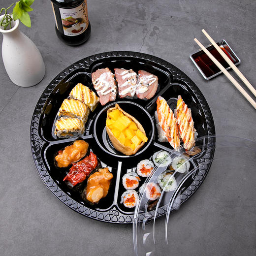 喇叭花圆形寿司盒寿喜锅拼盘海鲜烧鹅外带盒一次性外卖盒圆形刺身盒印花双层拼盘 商品图6