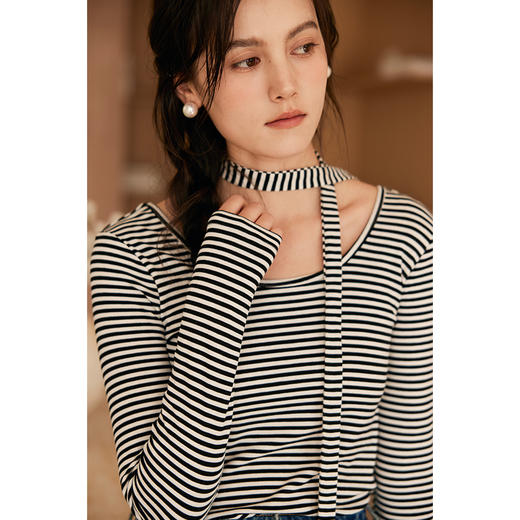 HeyDress飘带条纹T恤女春季复古V领内搭打底衫正反两穿长袖上衣 商品图1