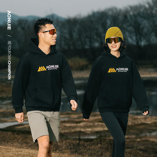 奥尼捷运动卫衣黑色加绒连帽卫衣防风保暖情侣装卫衣 商品图1