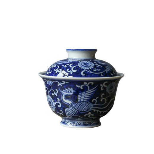 茶香记 景德镇铭清堂蓝地凤求凰两才盖碗120ml非遗手作青花古法陶瓷泡茶器 商品图4