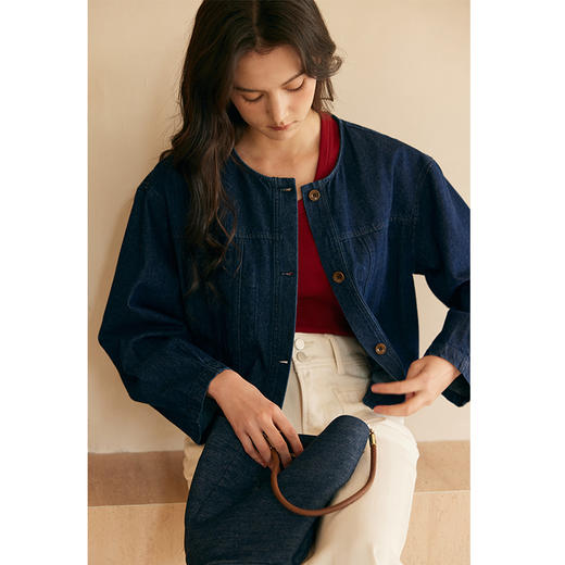 HeyDress复古牛仔外套女春秋新款圆领设计感宽松休闲短款蓝色上衣 商品图2