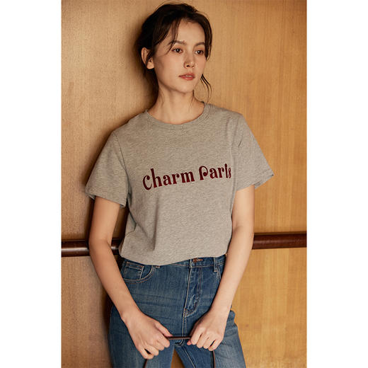 HeyDress植绒字母印花T恤女夏季圆领宽松显瘦短袖百搭休闲上衣 商品图2