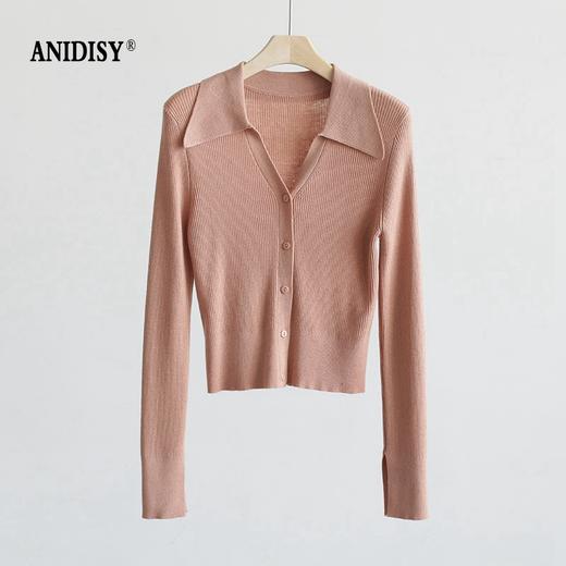 优雅法式翻领V领长袖单排扣针织开衫上衣 商品图2