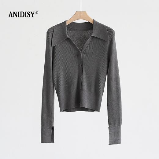 优雅法式翻领V领长袖单排扣针织开衫上衣 商品图3