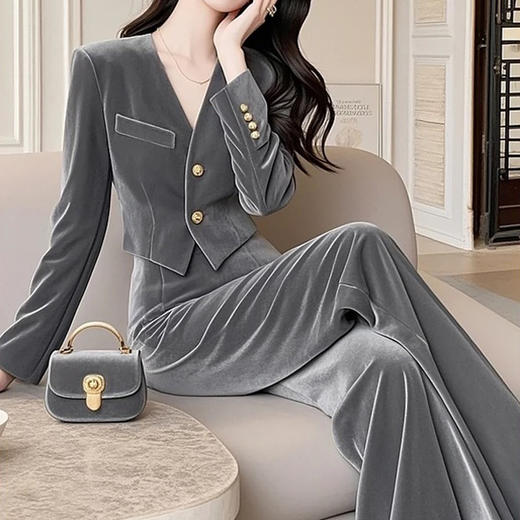 春秋高级感大方得体漂亮高端时尚气质小香风丝绒上衣裤子套装G330093 商品图3