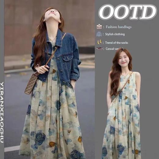 春季2025新款 盐系轻熟风减龄文艺水墨画连衣裙牛仔短外套装_HLY 商品图0