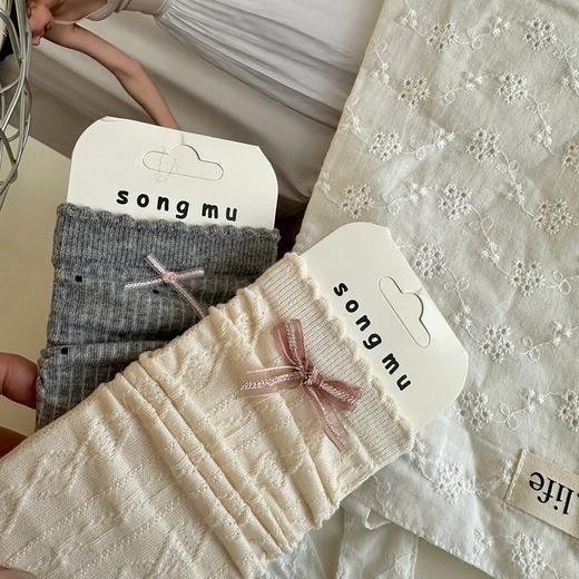 5双一组！早春新款韩版蝴蝶结堆堆袜 甜美淑女一体无缝舒适 粉蓝色系条纹格纹薄棉中筒袜 女 商品图1
