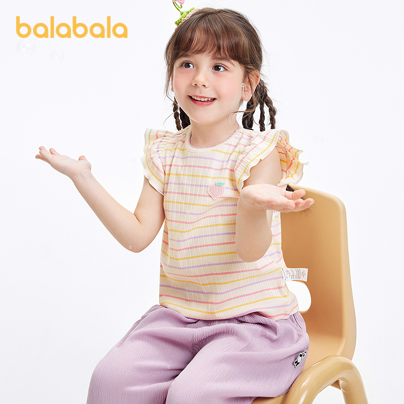 【爆品主推】巴拉巴拉童装宝宝t恤女童短袖儿童上衣2025夏新款条纹t甜美小飞袖
