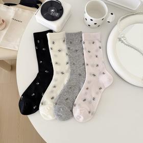 4双一组！春夏新款碎花袜子女堆堆袜无骨长袜薄款吸汗透气少女日系中筒袜子