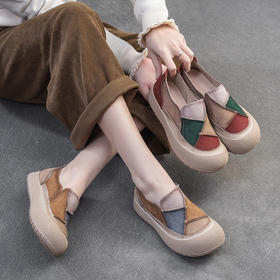 JZ5255 2025春季新款拼色补丁鞋头层牛皮舒适一脚蹬单鞋休闲女鞋