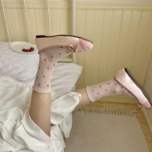 5双一组！早春新款韩版蝴蝶结堆堆袜 甜美淑女一体无缝舒适 粉蓝色系条纹格纹薄棉中筒袜 女 商品图5