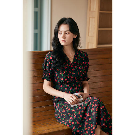 HeyDress原创玫瑰印花连衣裙女夏季法式收腰修身浪漫气质度假裙子 商品图3