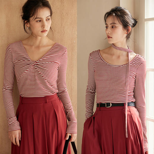 HeyDress飘带条纹T恤女春季复古V领内搭打底衫正反两穿长袖上衣 商品图2