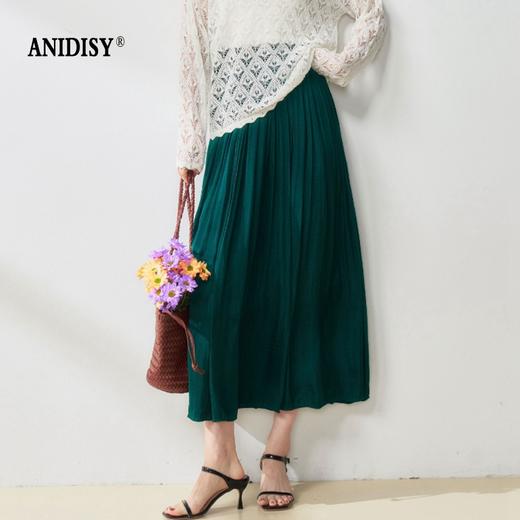 高腰松紧腰珠光丝质绸缎百褶大摆A字半身裙 商品图2