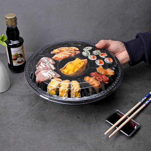 喇叭花圆形寿司盒寿喜锅拼盘海鲜烧鹅外带盒一次性外卖盒圆形刺身盒印花双层拼盘 商品图7