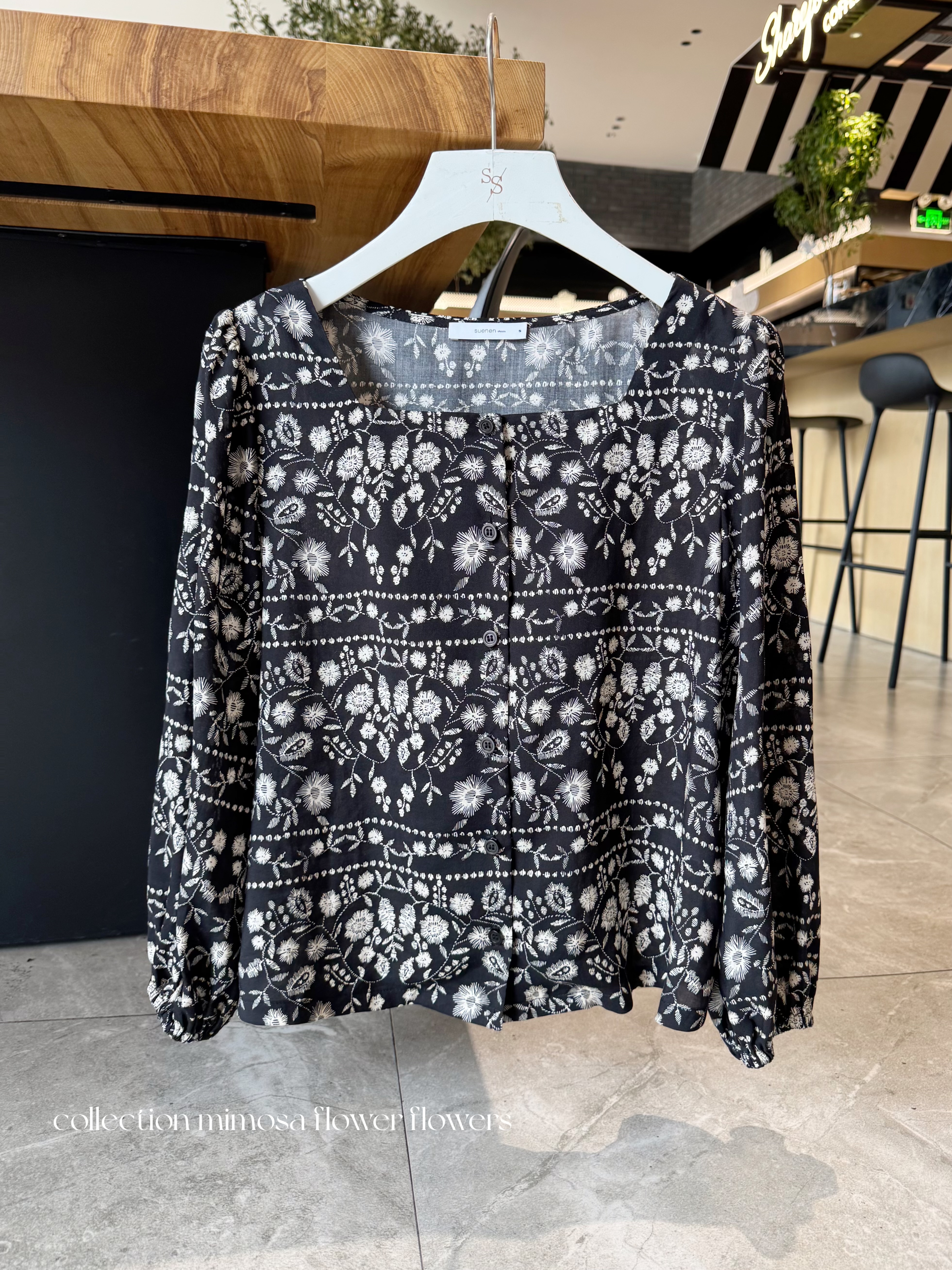 mimaso |  植物花卉方领设计灯笼袖衬衫 黑白花色