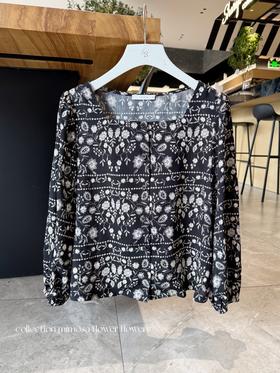 mimaso |  植物花卉方领设计灯笼袖衬衫 黑白花色