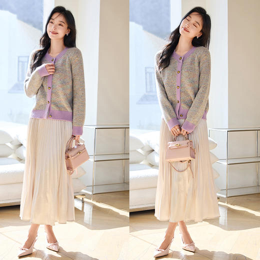 VICTORIA&VERA女装春季“松塔奶油”韩系撞色软糯别致爱心扣圆领针织外套 商品图8