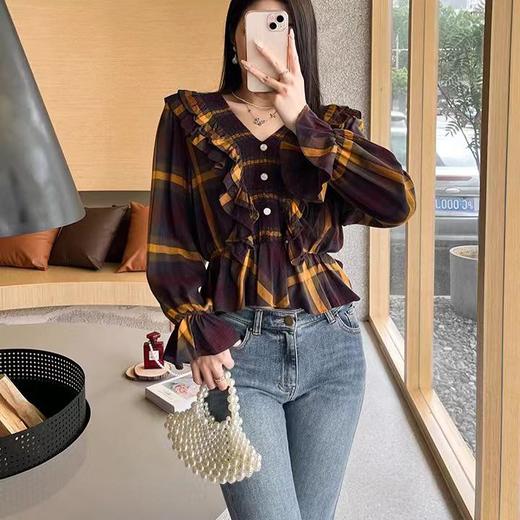 顺丰包邮洛诗琳40836法式文艺彩色格子荷叶边纯棉上衣10063 商品图0
