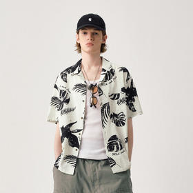 714street树叶满印微皱美式复古短袖衬衫男夏季新款情侣沙滩衬衣