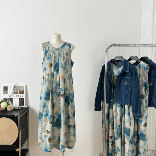 春季2025新款 盐系轻熟风减龄文艺水墨画连衣裙牛仔短外套装_HLY 商品图9