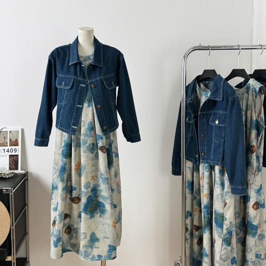 春季2025新款 盐系轻熟风减龄文艺水墨画连衣裙牛仔短外套装_HLY 商品图8