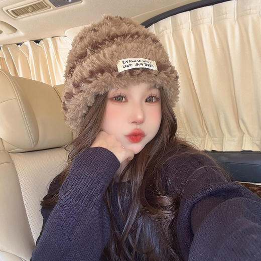 帽女帽子帽子条纹加厚针织冬季护耳防保暖针织毛绒风帽防寒毛线帽 商品图1