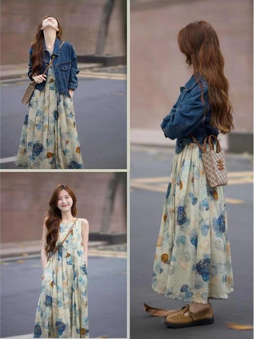 春季2025新款 盐系轻熟风减龄文艺水墨画连衣裙牛仔短外套装_HLY 商品图3