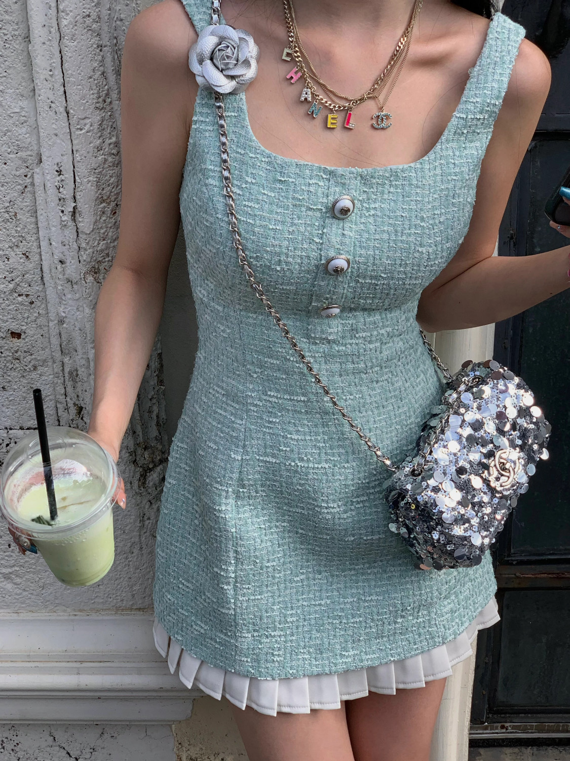 香奶奶 中古款彩色珐琅字母蓝钻双C多层项链