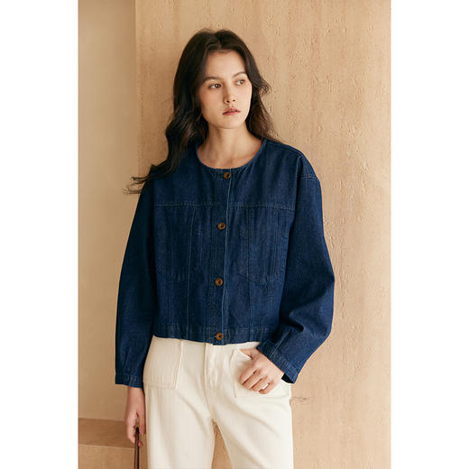 HeyDress复古牛仔外套女春秋新款圆领设计感宽松休闲短款蓝色上衣 商品图0