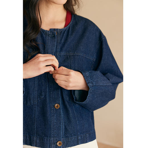 HeyDress复古牛仔外套女春秋新款圆领设计感宽松休闲短款蓝色上衣 商品图1