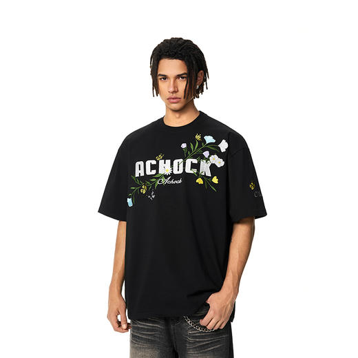 【Achock官方店】花卉刺绣短袖T恤男女新款潮牌美式情侣上衣体恤 商品图1