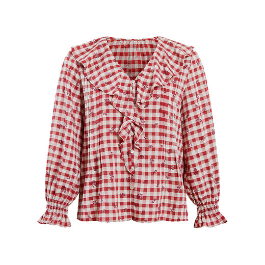 HeyDress法式格子衬衫女春季宽松印花设计感衬衣高级气质红色上衣 商品图4