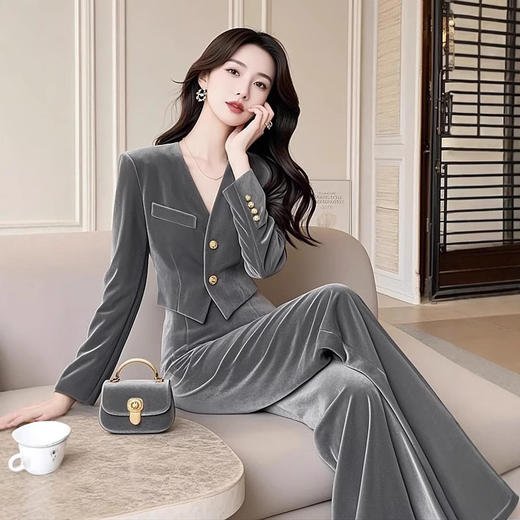 春秋高级感大方得体漂亮高端时尚气质小香风丝绒上衣裤子套装G330093 商品图1