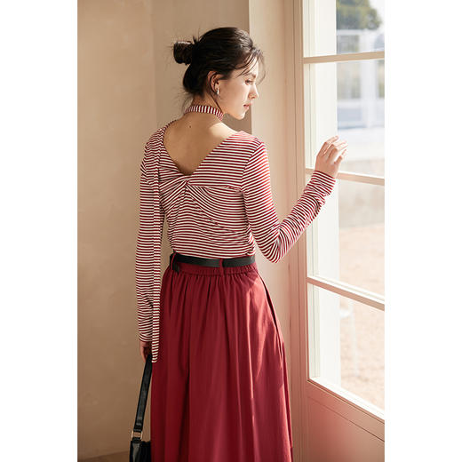 HeyDress飘带条纹T恤女春季复古V领内搭打底衫正反两穿长袖上衣 商品图3