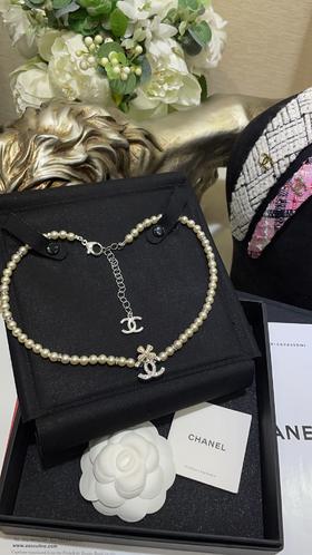 香奶奶  24K新款珍珠水钻四叶草满钻双C拼色珍珠项链