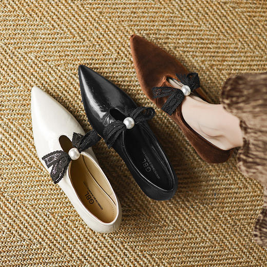 【预售5天】法式优雅蕾丝蝴蝶结单鞋尖头低跟一字带玛丽珍鞋女配裙子HP&A2627 商品图0