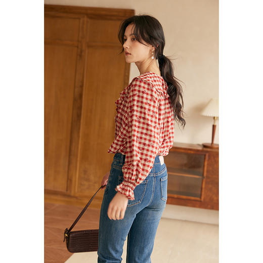 HeyDress法式格子衬衫女春季宽松印花设计感衬衣高级气质红色上衣 商品图2